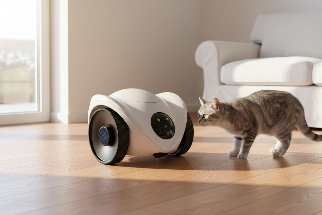  Lykke™ Vakt mobile pet robot — cat approaching in Scandinavian interior lifestyle setting 