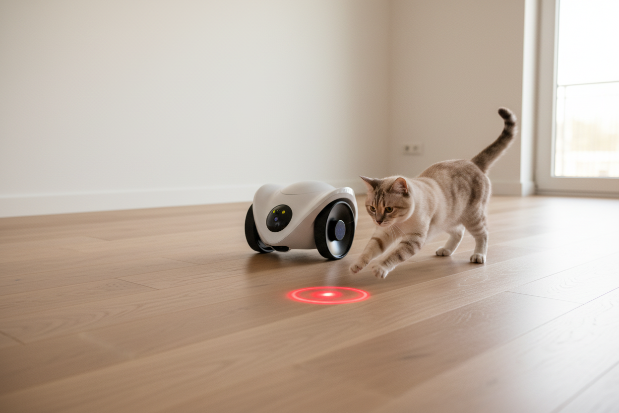  Lykke™ Vakt — laser play mode with cat mid-pounce, floor-level lifestyle shot 