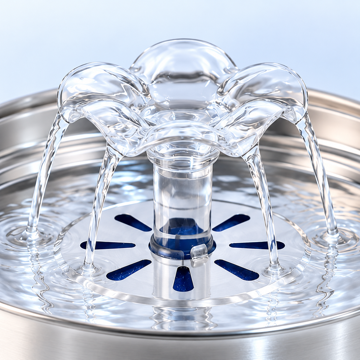 Close-up of the transparent fountain spout and water flow