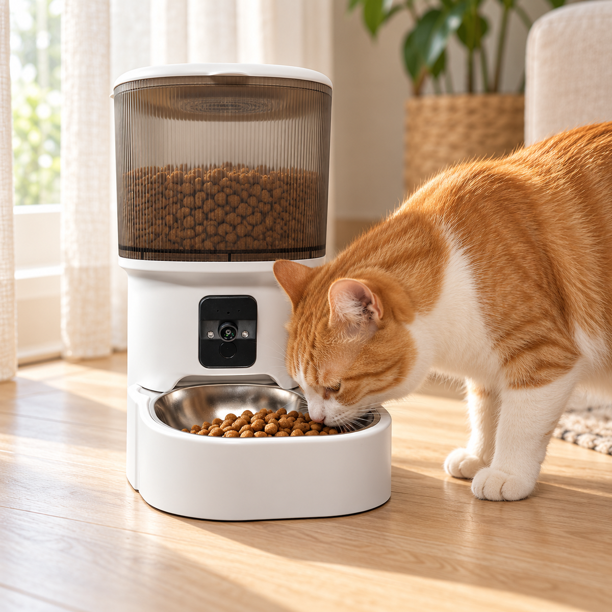 Orange-weiße Katze frisst Trockenfutter aus der Metallschale des Lykke FeedCam 4L
