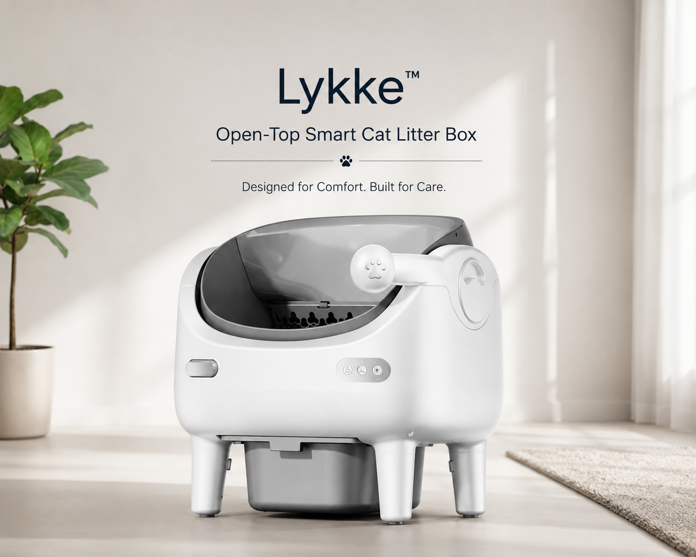 Lykke™ Open-Top Smart Cat Litter Box in white with spacious open design and pull-out waste drawer in a modern Scandinavian home