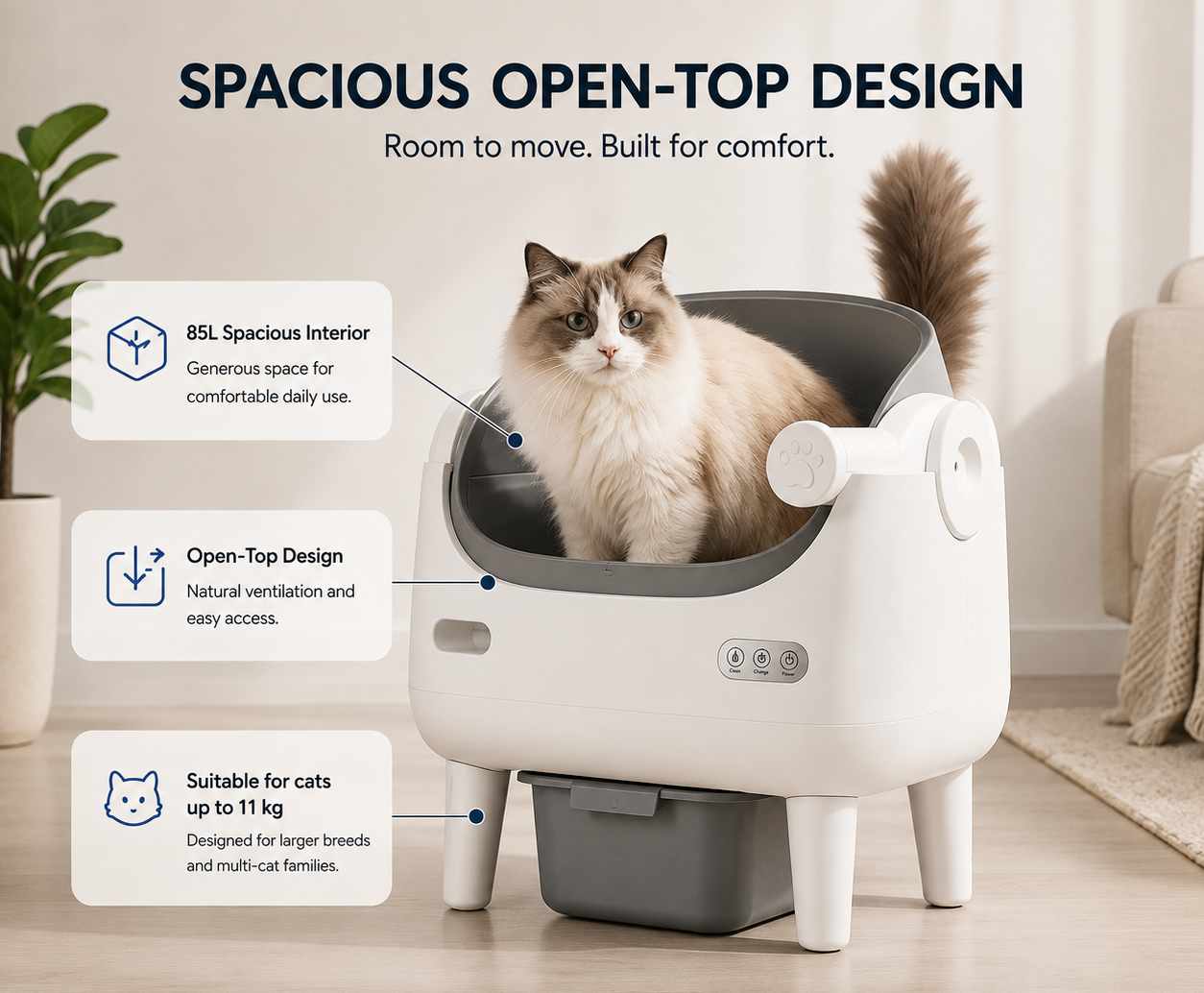 Large cat comfortably using the spacious 85L open-top Lykke™ Smart Cat Litter Box designed for cats up to 11 kg