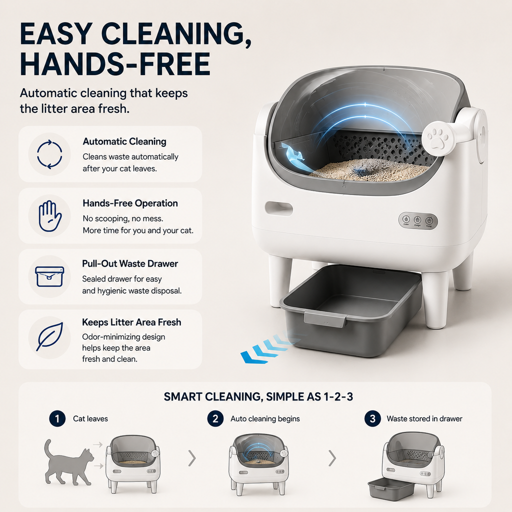 Lykke™ Open-Top Smart Cat Litter Box illustrating the automatic cleaning process and pull-out waste drawer for hygienic waste disposal