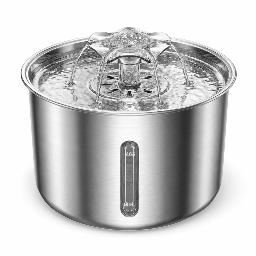 Replace the alt text with: Lykke™ Paw Flow 3L — stainless steel pet fountain, hero view with active water flow
