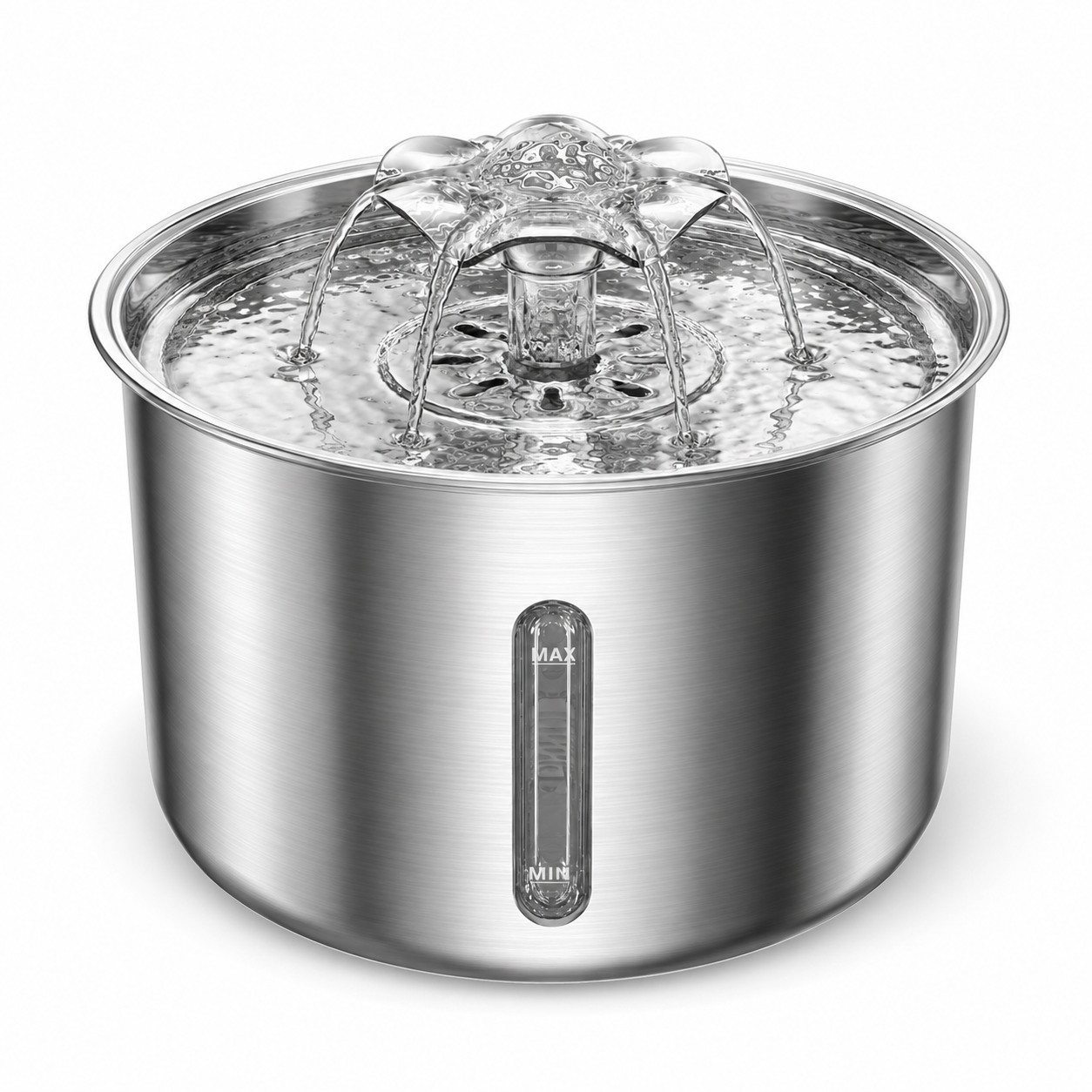 Replace the alt text with: Lykke™ Paw Flow 3L — stainless steel pet fountain, hero view with active water flow
