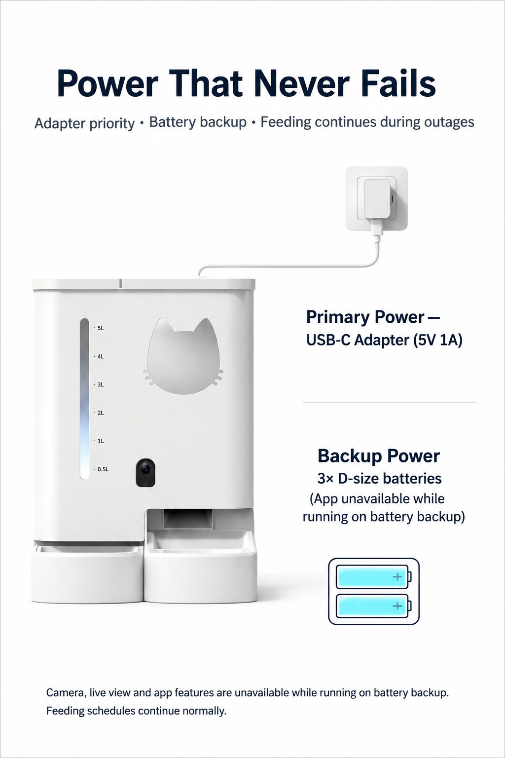 USB-C power adapter and D-size battery backup for the Lykke™ Smart Pet Care Station
