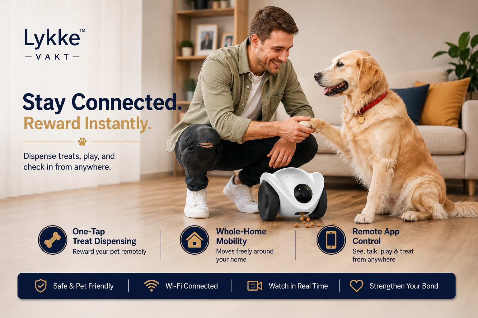  Man and Golden Retriever at home with the Lykke™ Vakt robot dispensing treats — one-tap treat dispensing, whole-home mobility, and remote app control via Wi-Fi 