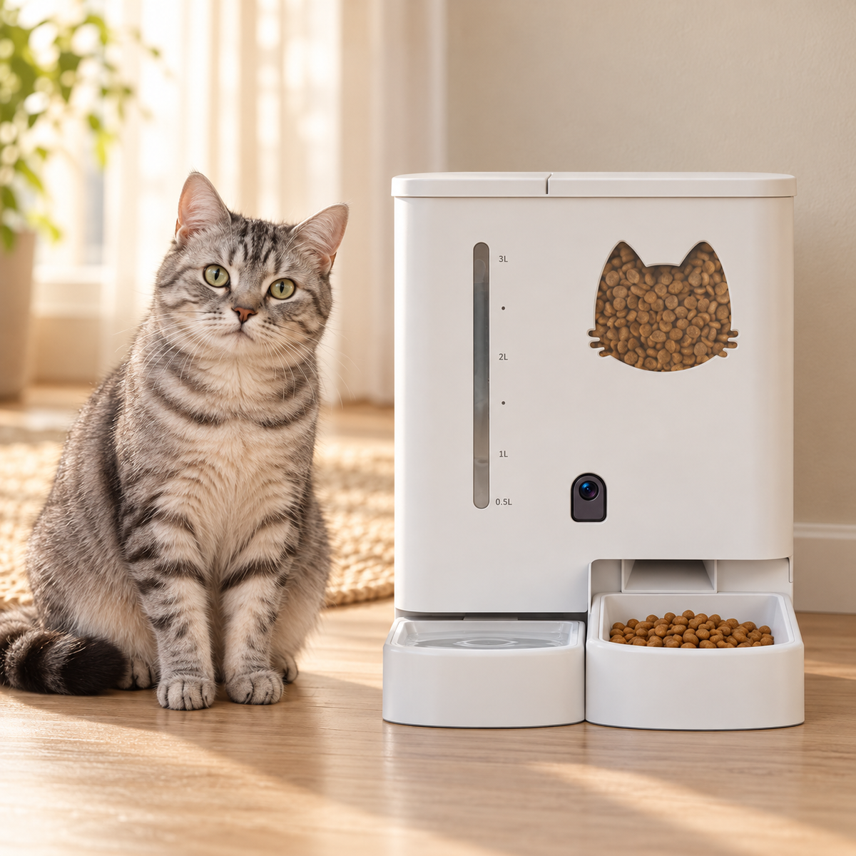 Getigerte Katze neben der weißen Lykke Smart Pet Care Station im warmen Morgenlicht