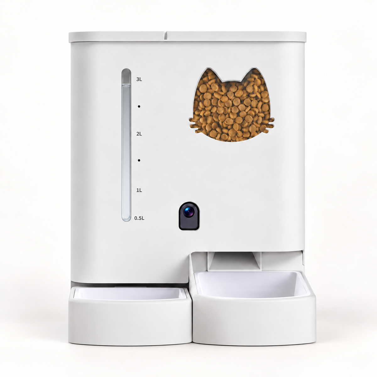 Lykke Smart Pet Care Station in Weiß mit neutralem Wasserstandsfenster, Vorderansicht auf weißem Hintergrund