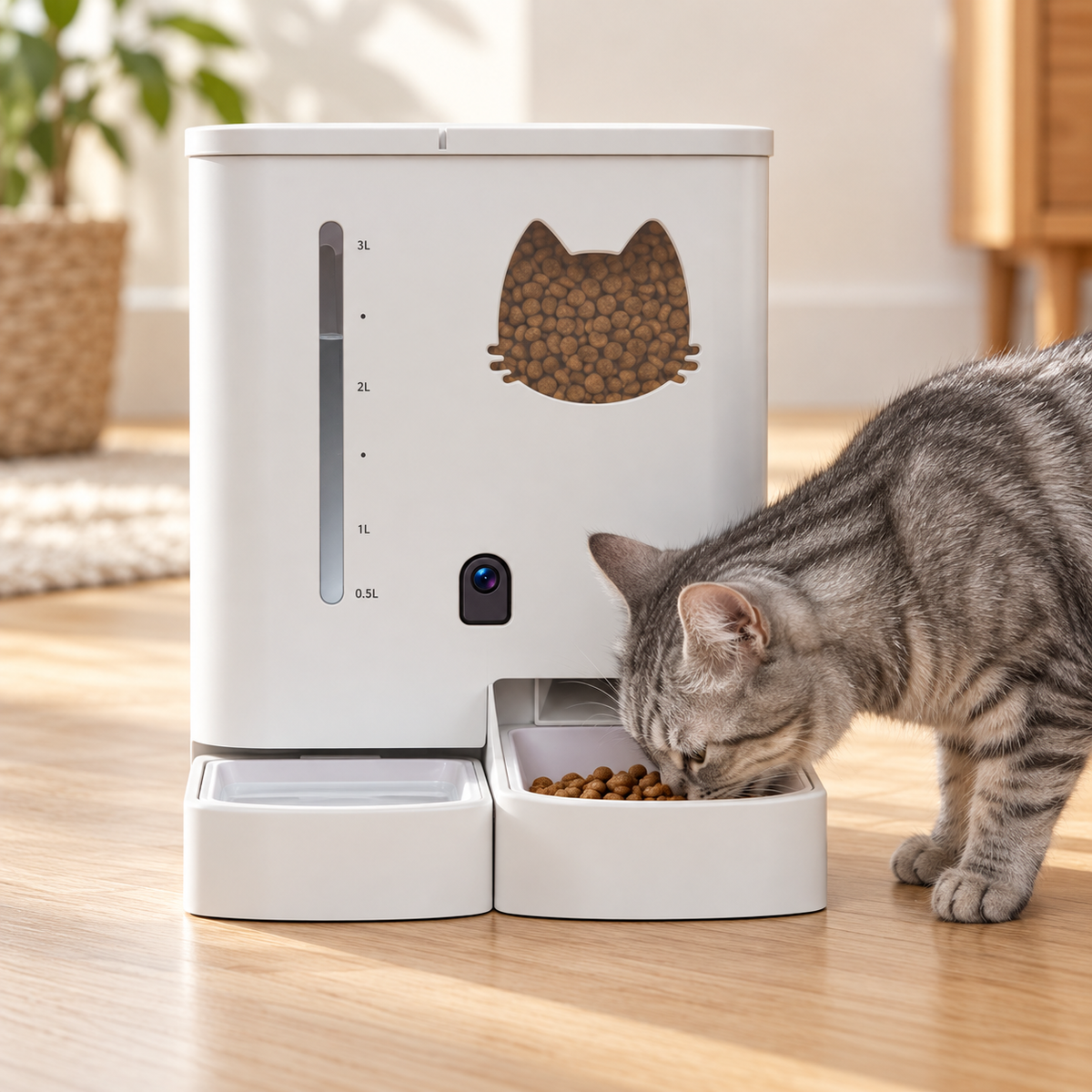 Getigerte Katze frisst aus der rechten Futterschale der Lykke Smart Pet Care Station