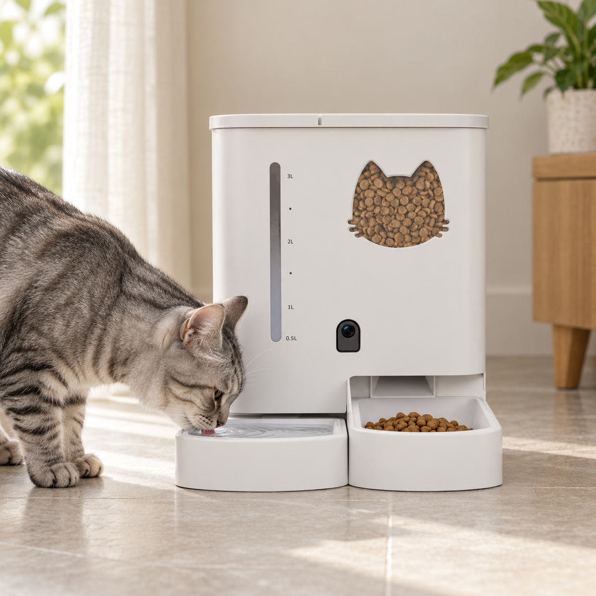 Silbergraue Katze trinkt aus der linken Wasserschale der Lykke Smart Pet Care Station