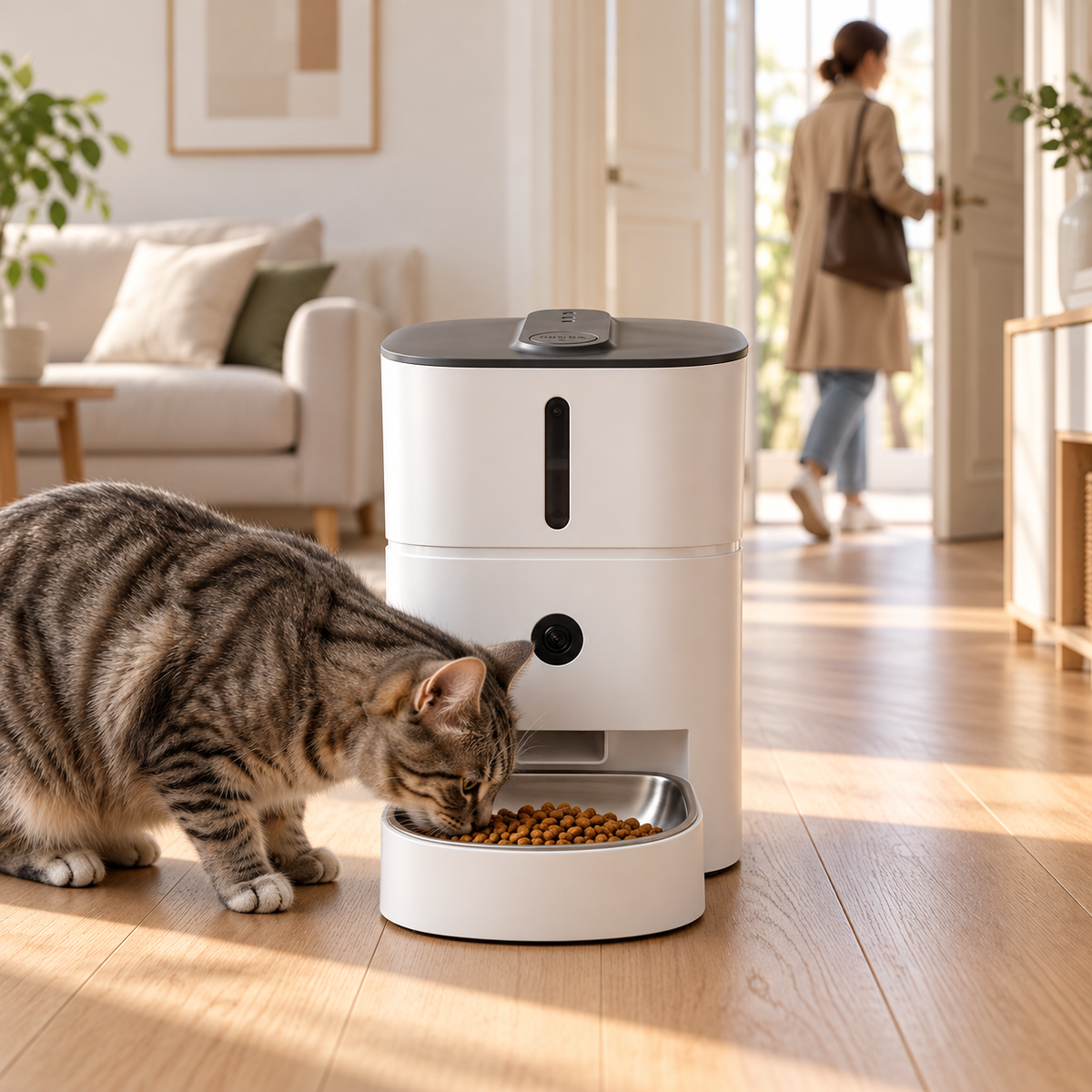 Katze frisst am Lykke™ FeedLine 3L, während eine Frau das Haus verlässt