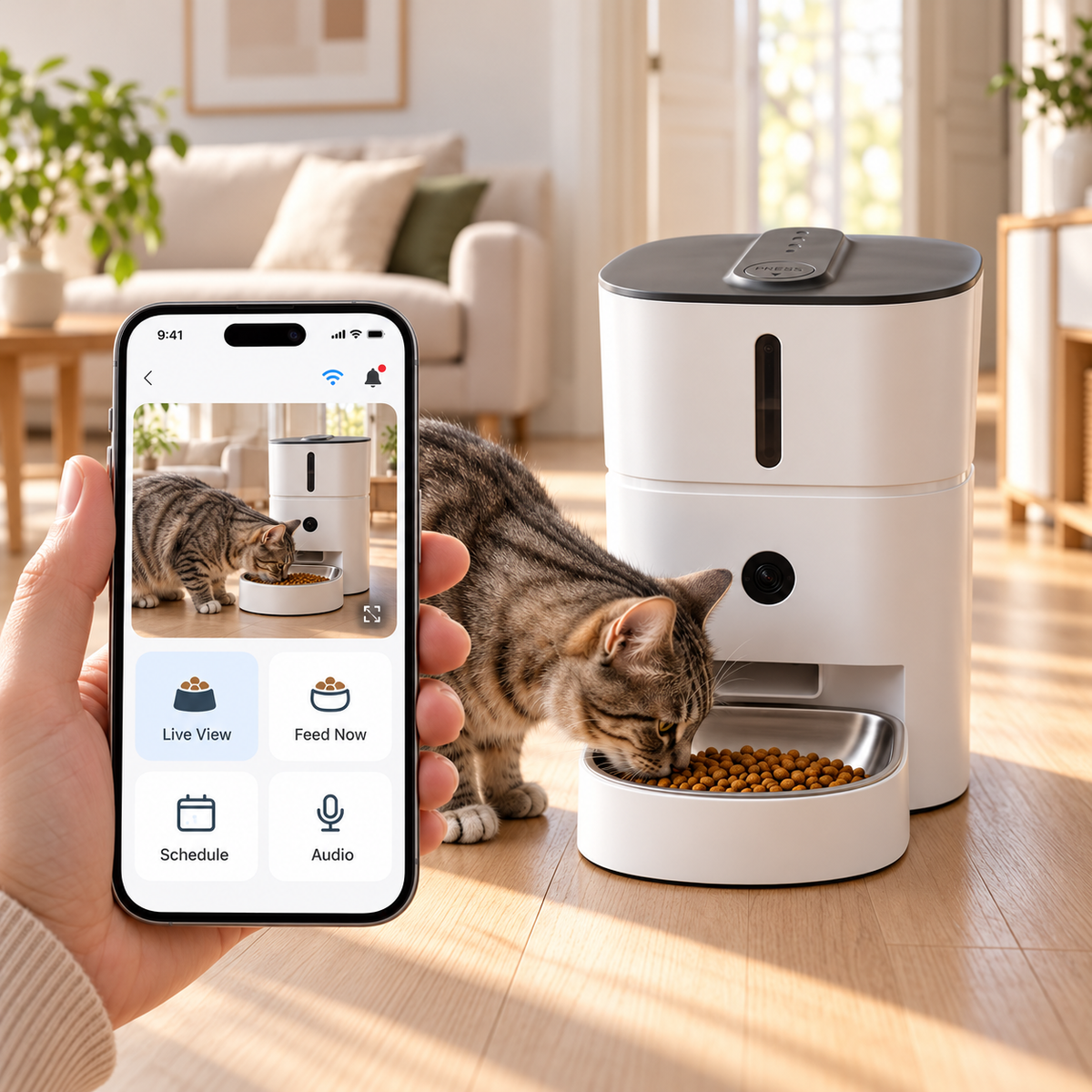 Lykke™ FeedLine 3L mit fressender Katze und Smartphone mit dargestellter Bedienoberfläche