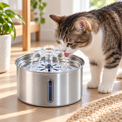 Tabby-and-white cat drinking from the Lykke Paw Flow 3L pet fountain in a sunlit room