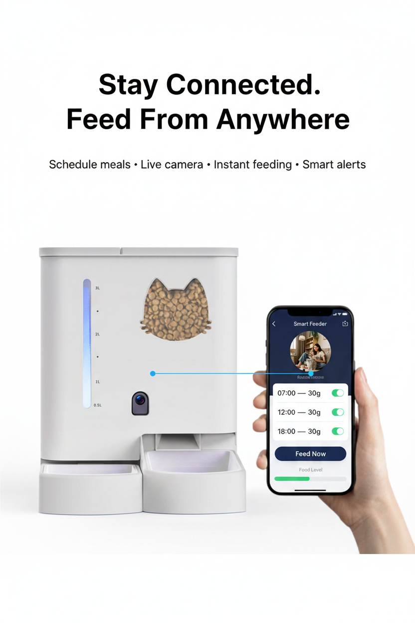 Remote app control for the Lykke™ Smart Pet Care Station with live camera view and feeding schedule
