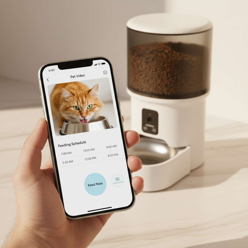  Lykke™ FeedCam 4L — smartphone app showing live camera feed and feeding schedule 