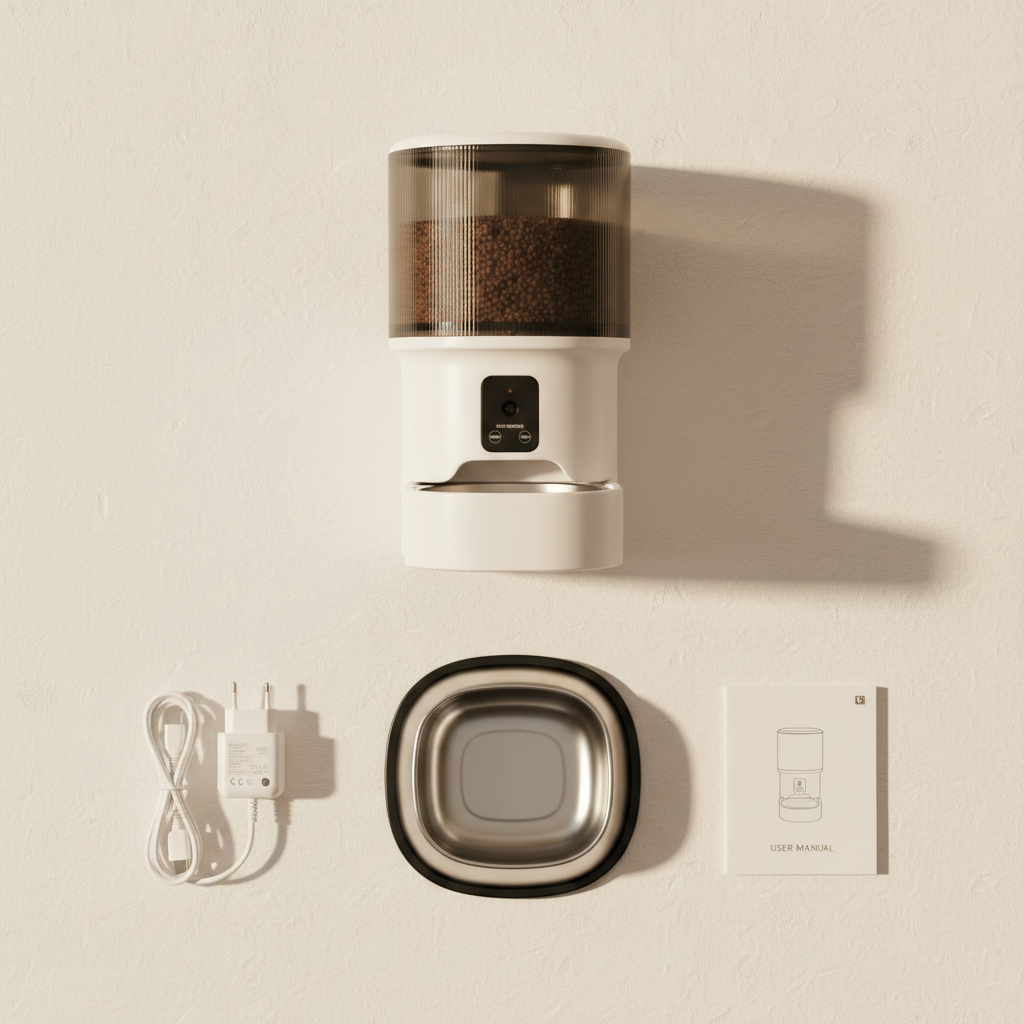  Lykke™ FeedCam 4L — complete box contents including feeder, stainless bowl, power adapter and manual 