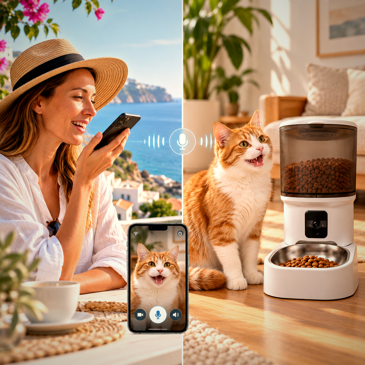Illustration zur Fernkommunikation: Frau mit Smartphone am Meer und orange-weiße Katze neben dem Lykke FeedCam 4L zu Hause