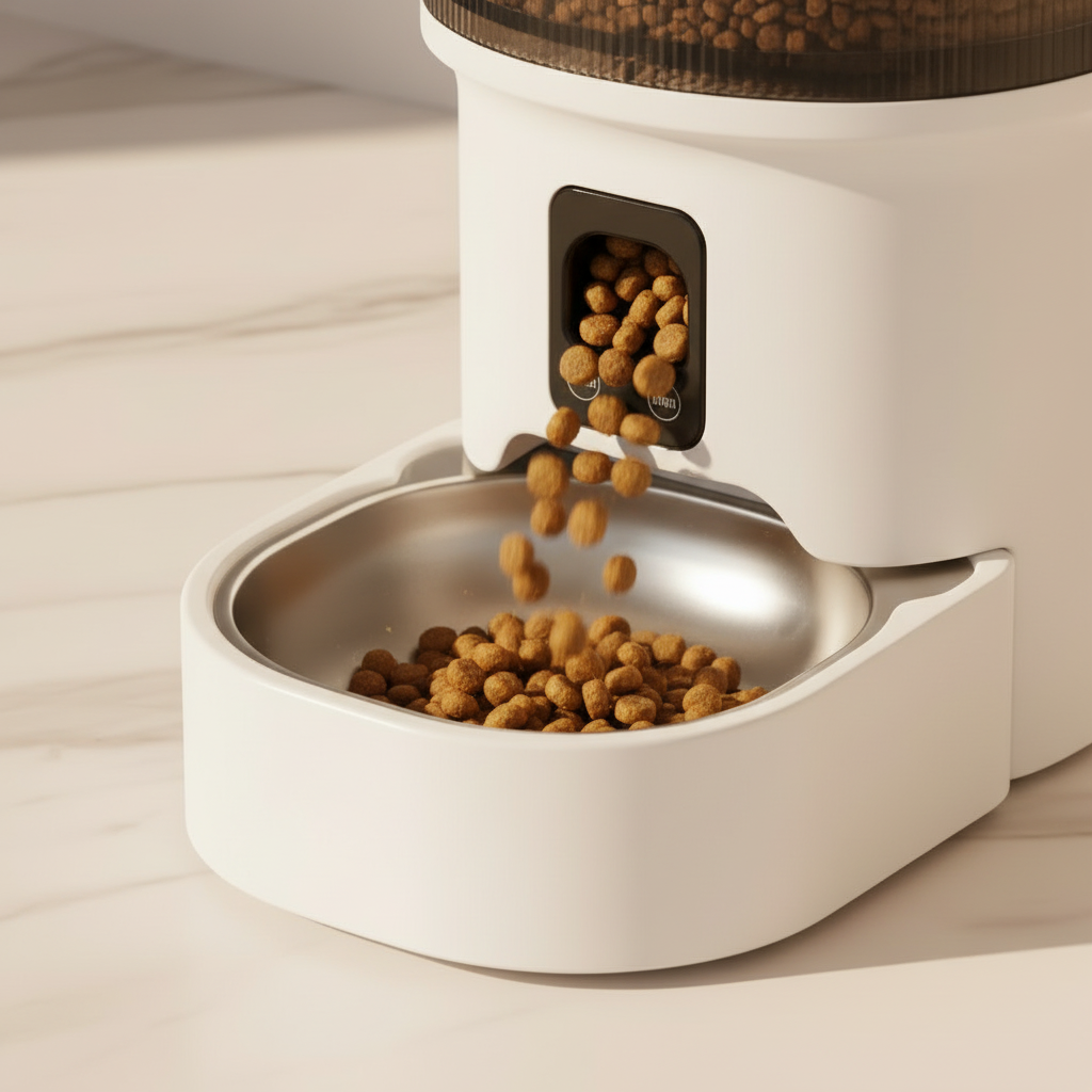  Lykke™ FeedCam 4L WiFi pet feeder automatically dispensing food into bowl 