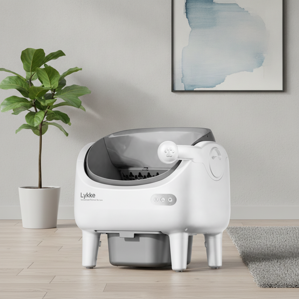 Lykke™ Open-Top Smart Cat Litter Box showing the premium design, open interior, control panel, and pull-out waste drawer