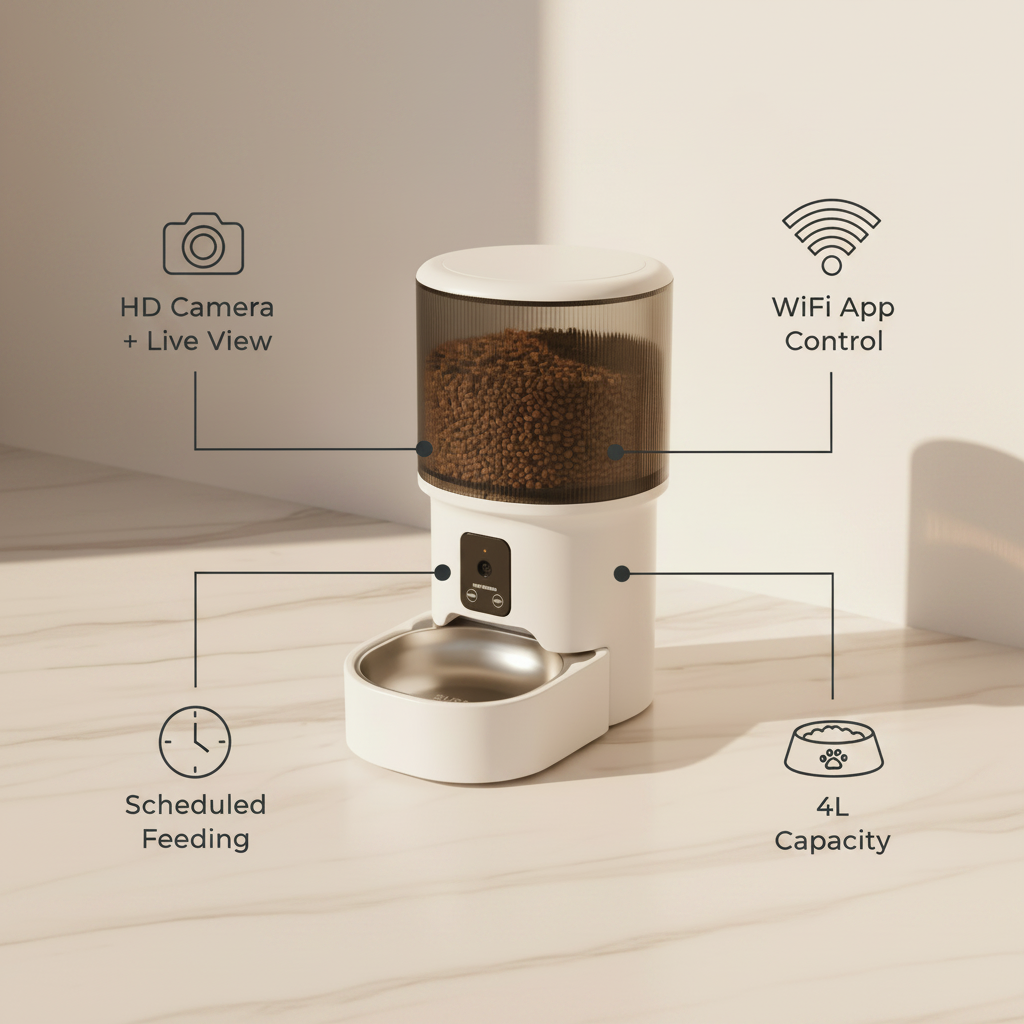  Lykke™ FeedCam 4L WiFi smart feeder — key features including HD camera, scheduling and portion control 