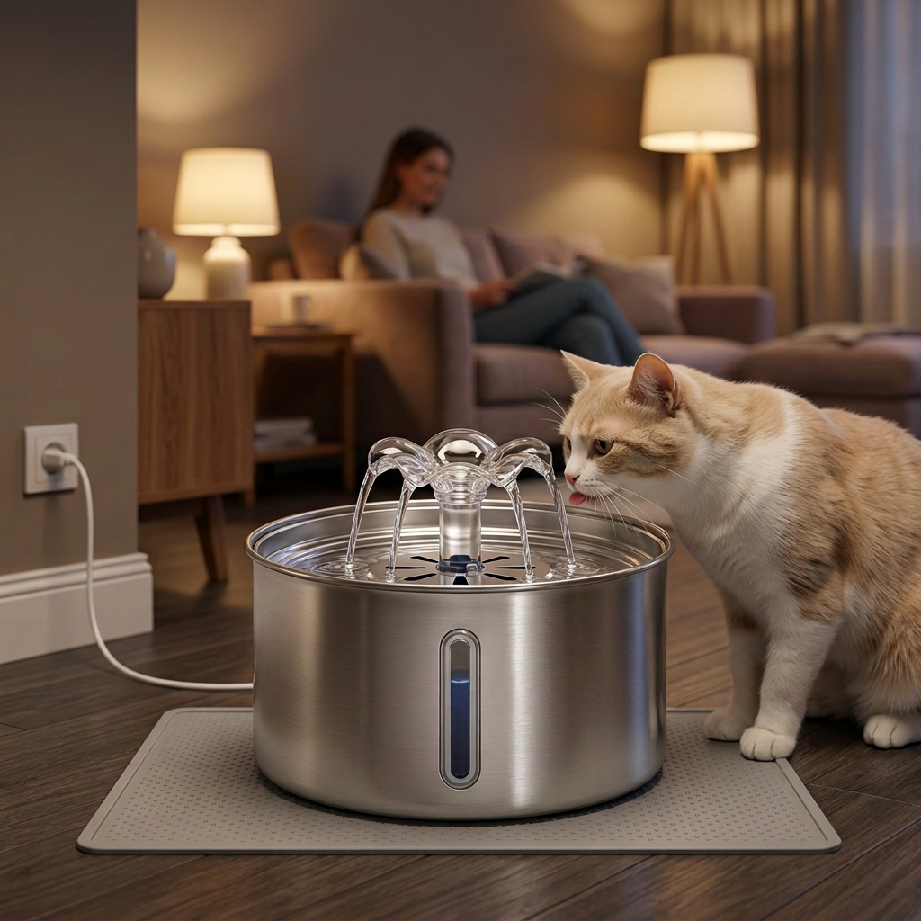 Cream-and-white cat drinking from the Lykke Paw Flow 3L pet fountain in a warmly lit living room