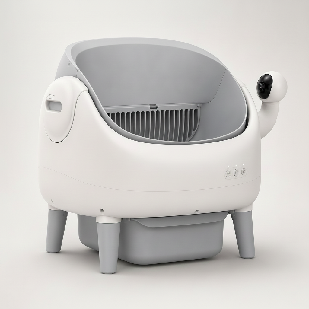 Lykke™ Smart Self-Cleaning Cat Litter Box with integrated side camera arm and black lens