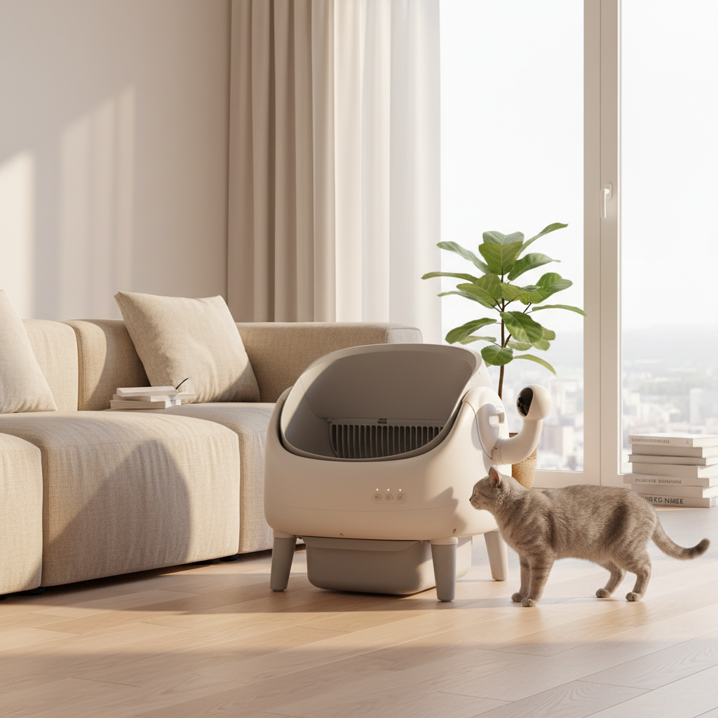  Lykke™ smart self-cleaning litter box in a modern Scandinavian living room with relaxed cat