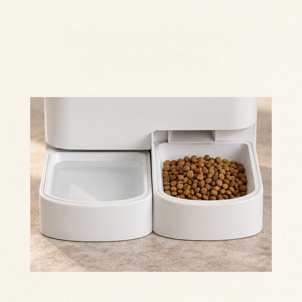 Detail der Lykke Smart Pet Care Station mit Wasserschale links und Trockenfutterschale rechts