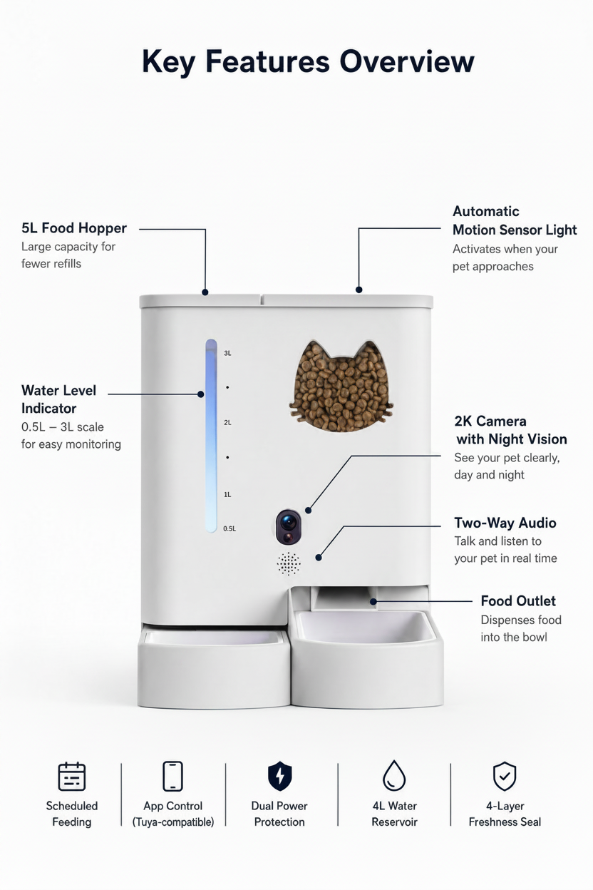 Lykke™ Smart Pet Care Station with 2K camera, 5L food hopper, 4L water reservoir, motion sensor light and two-way audio
