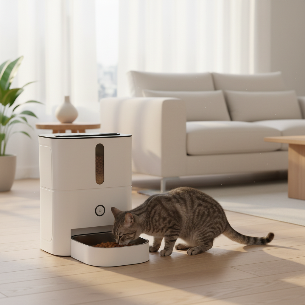  Lykke™ FeedLine 3L smart pet feeder in a modern living room lifestyle setting 
