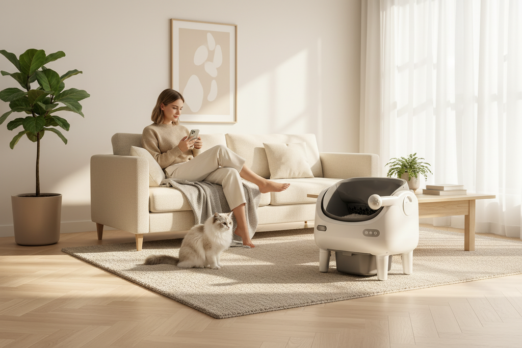 Woman relaxing with her cat beside the Lykke™ Open-Top Smart Cat Litter Box in a bright Scandinavian living room