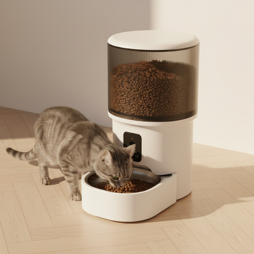  Lykke™ FeedCam 4L smart pet feeder — cat eating from stainless steel bowl in home setting 