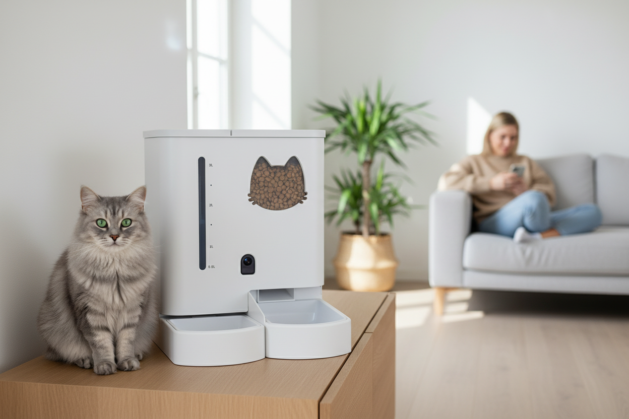 Cat beside the Lykke™ Smart Pet Care Station in a modern home
