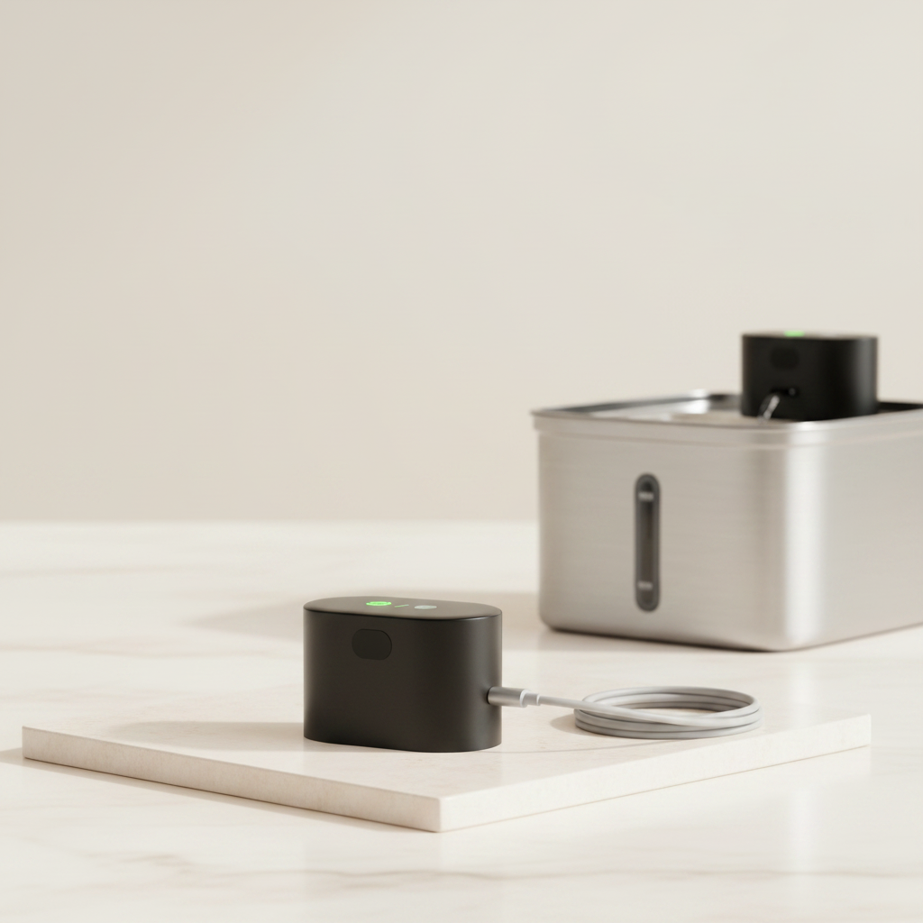 Lykke™ Rechargeable Smart Fountain – USB-C rechargeable pump module beside the fountain