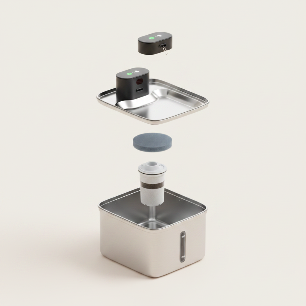 Lykke™ Rechargeable Smart Fountain – dual filtration components shown in exploded view