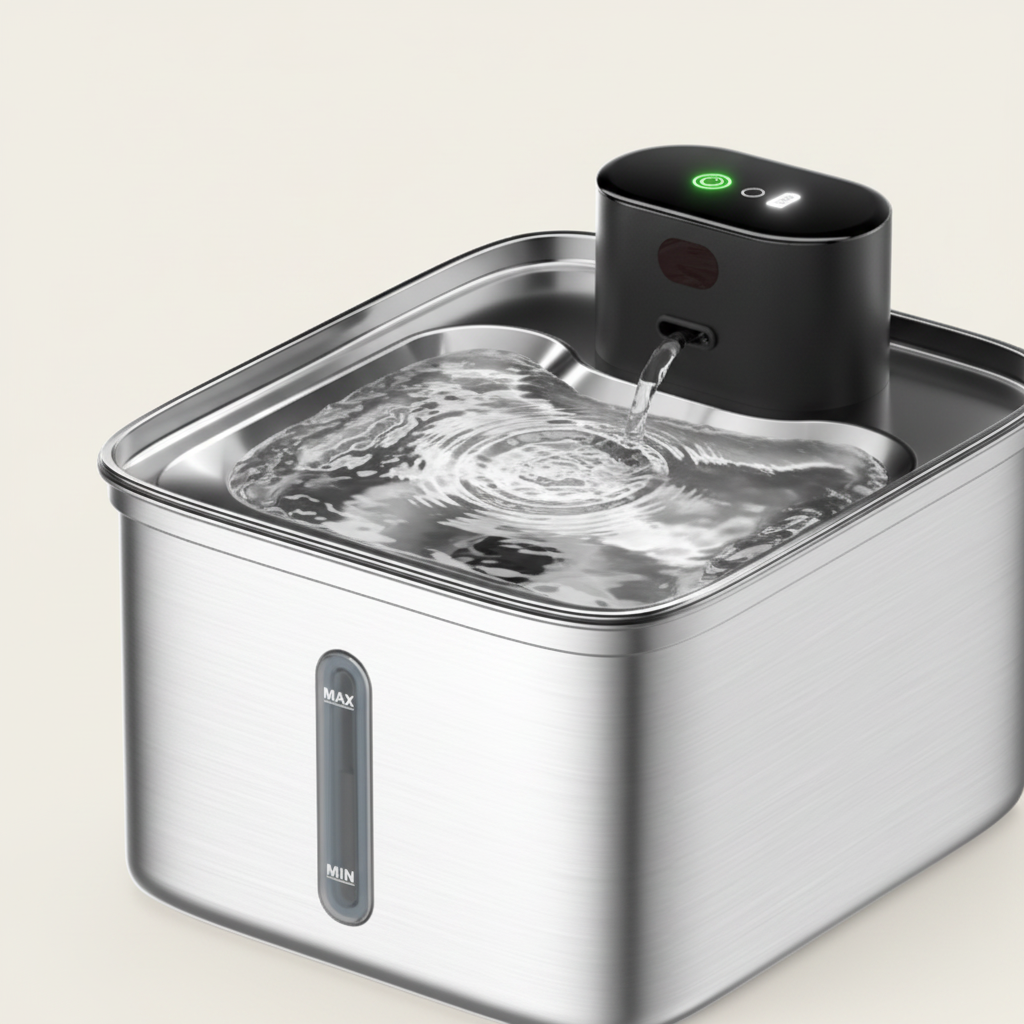 Lykke™ Rechargeable Smart Fountain – close-up of flowing water in the stainless steel fountain