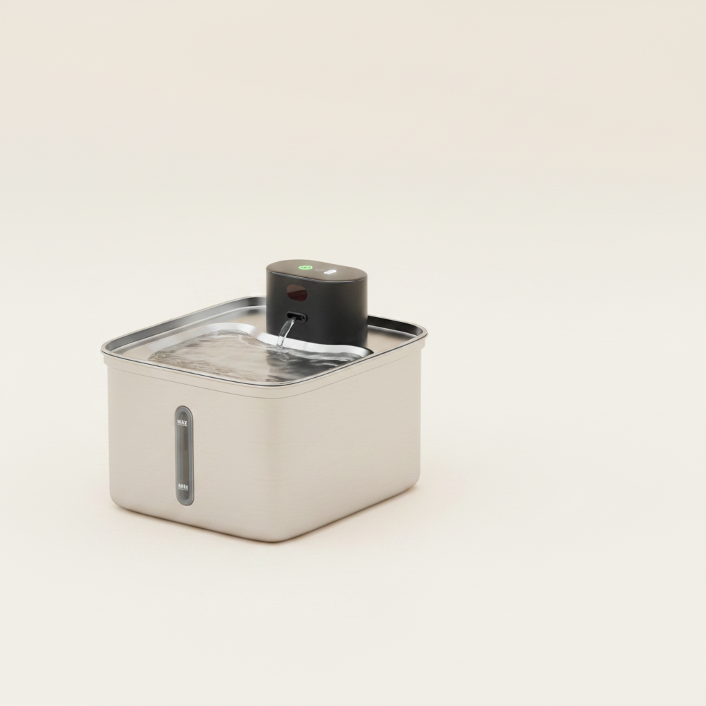 Lykke™ Rechargeable Smart Fountain – pump module and stainless steel fountain on a clean background
