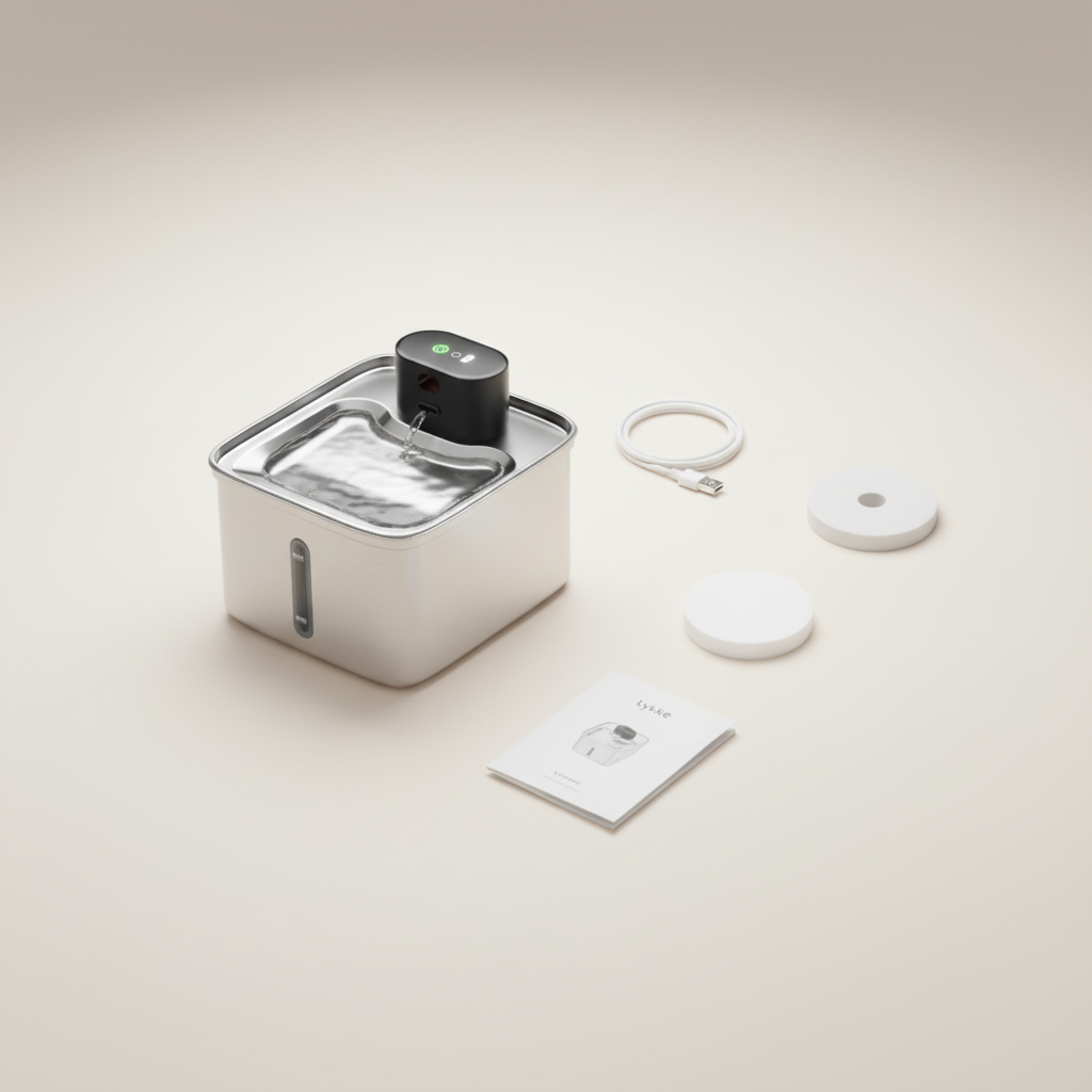 Lykke™ Rechargeable Smart Fountain – box contents including fountain, USB-C cable, filters and manual