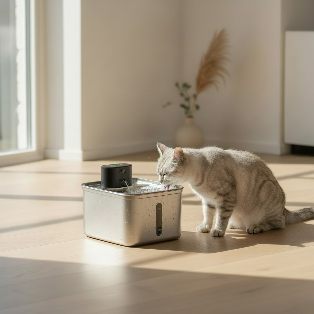 Lykke™ Rechargeable Smart Fountain – cat drinking from the fountain in a modern home