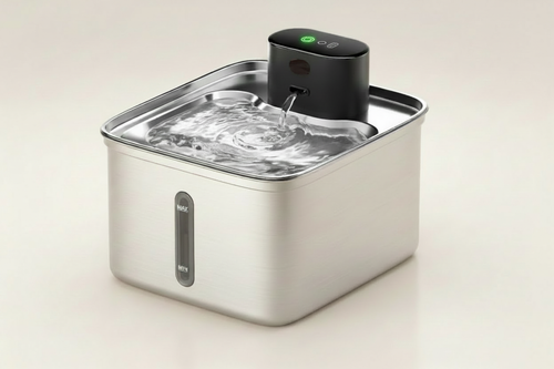 Lykke™ Rechargeable Smart Fountain – front view, brushed stainless steel body