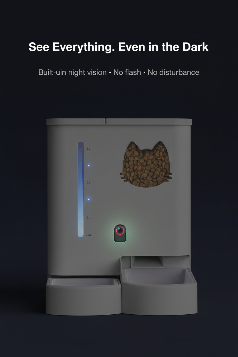 Night vision camera on the Lykke™ Smart Pet Care Station for monitoring in low-light conditions
