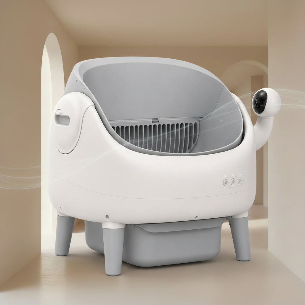  Lykke™ self-cleaning litter box in a clean, airy European hallway interior