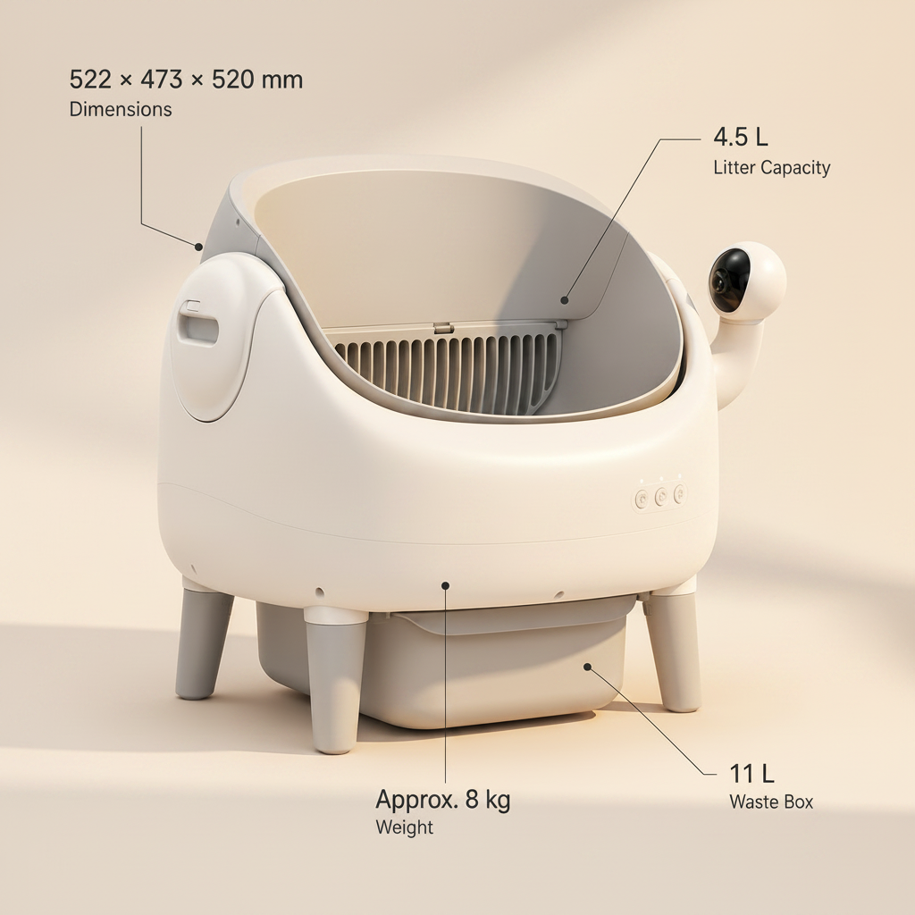 Lykke™ smart litter box specification overview — dimensions 522 × 473 × 520 mm, 4.5 L litter capacity and 11 L waste box