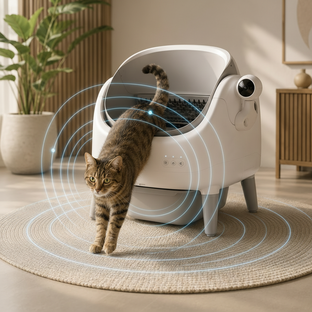 Lykke™ smart litter box detecting a cat with subtle presence-sensing visualization
