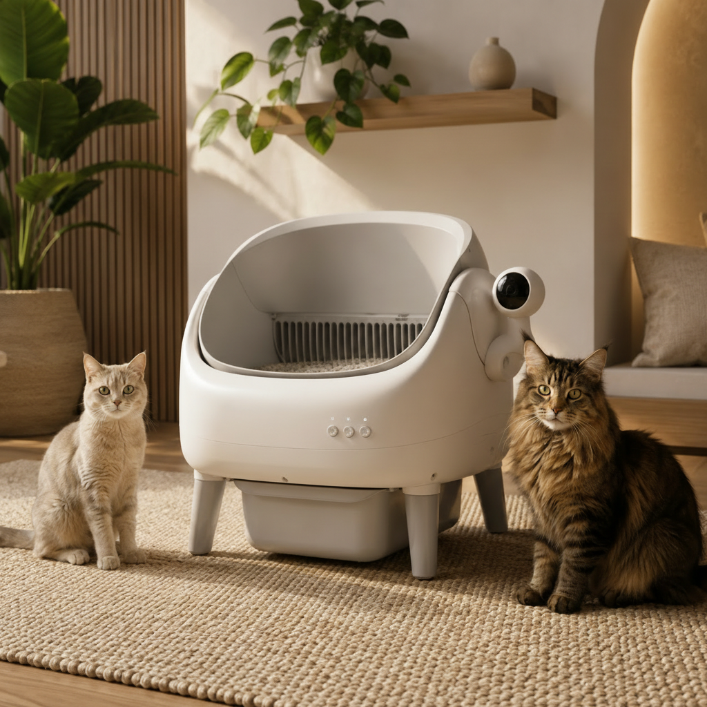 Lykke™ self-cleaning litter box with two cats of clearly different sizes — suitable for small and large cats