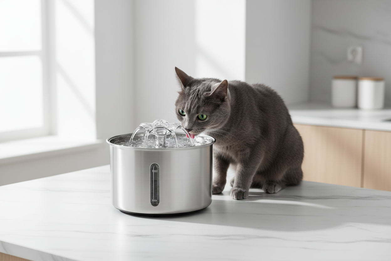  Lykke™ Paw Flow 3L stainless steel pet fountain — cat drinking from marble countertop in Scandinavian kitchen 