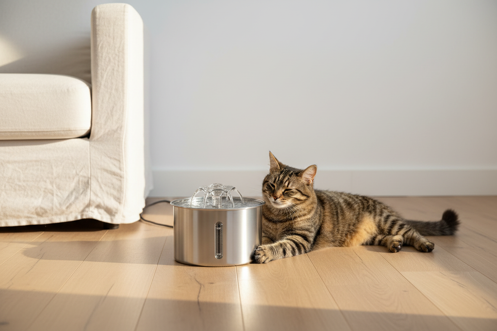  Lykke™ Paw Flow 3L pet fountain — cat resting beside fountain on oak floor lifestyle shot 