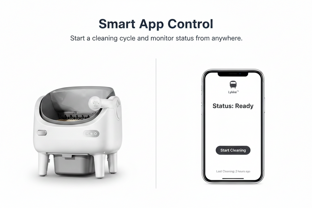 Lykke™ Smart Cat Litter Box with smartphone app for remote cleaning control and real-time status monitoring