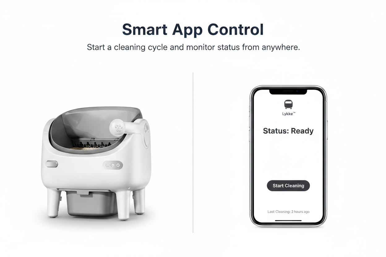 Lykke™ Smart Cat Litter Box with smartphone app for remote cleaning control and real-time status monitoring